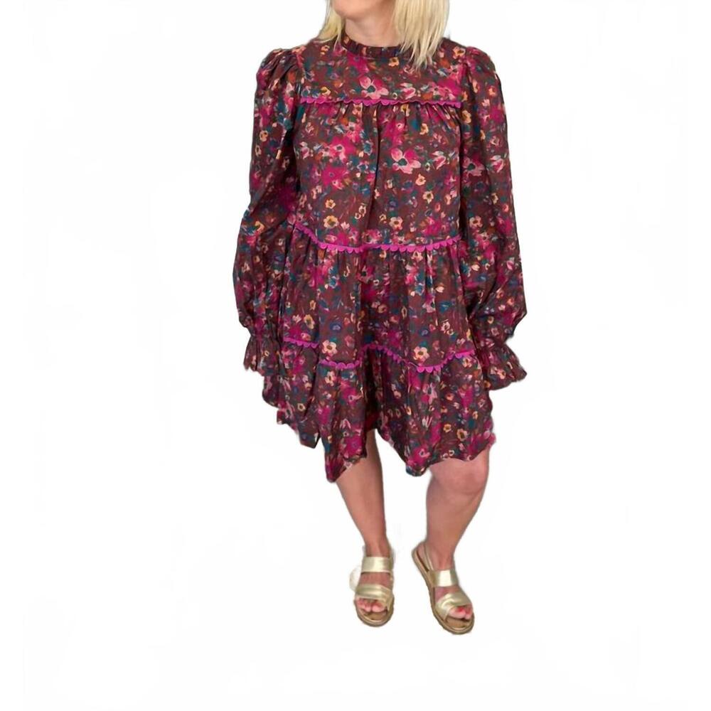 NEW LOVE WEDNESDAY wild flower print cotton mini dress in burgundy